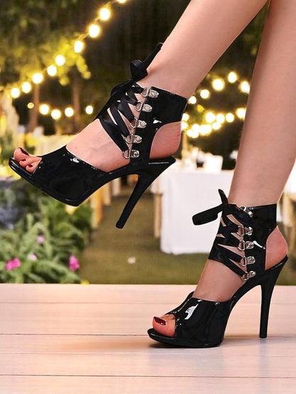 Cutout Black Women's Sandals Sexy Patent Stiletto - Lace-Up