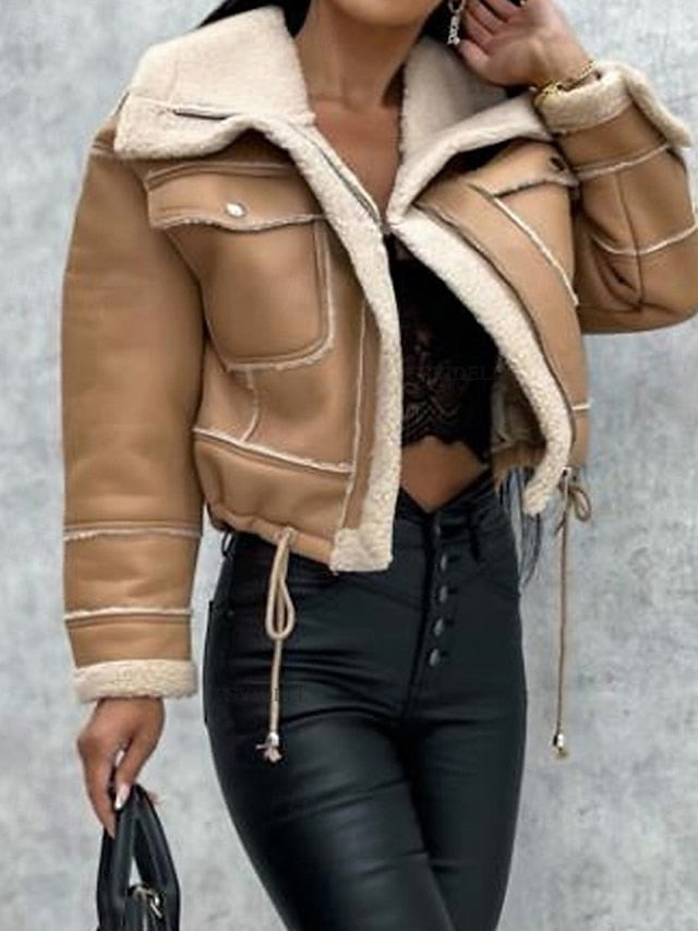 Pocket Warm Leather Buttons Jacket Women's Comfortable Faux