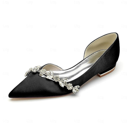 Shoes Pointed with Toe Crystal Wedding Satin Flat and White