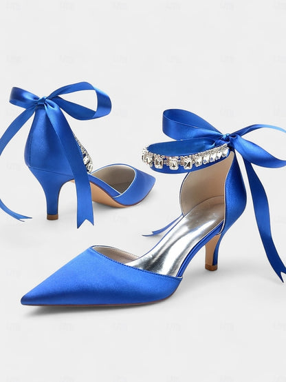 Ankle Rhinestone and Pointed-Kitten Strap with Heels Satin Blue