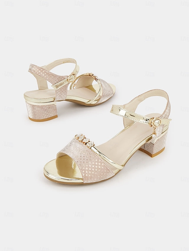 Gold Block for – Women Rhinestone-Embellished Heel Sandals