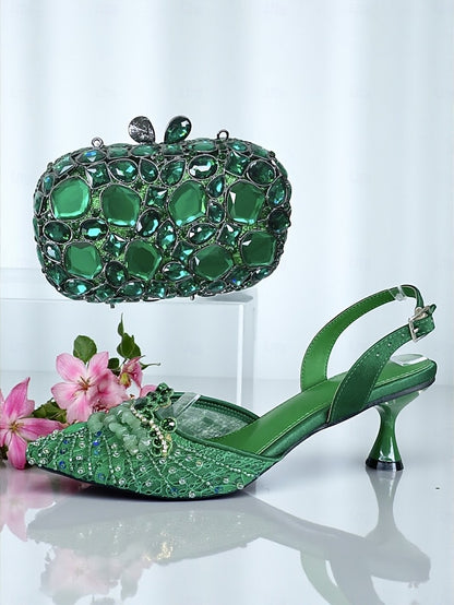 Heel Rhinestone Women's Shoes Green Set and Clutch - Bag