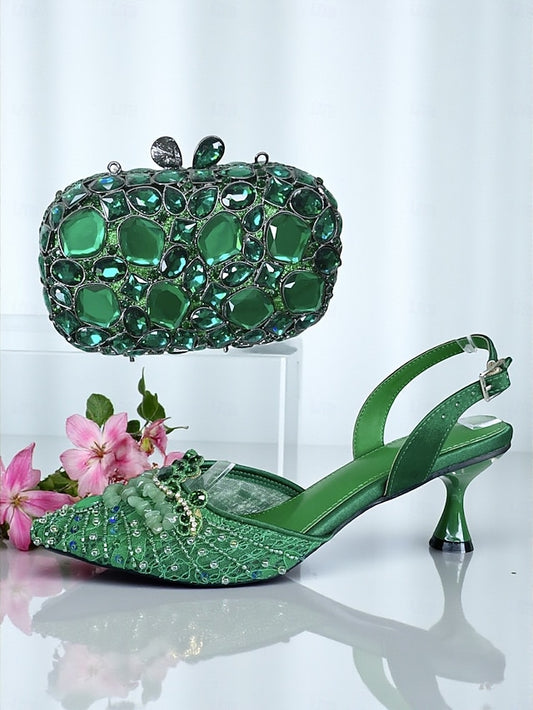 Heel Rhinestone Women's Shoes Green Set and Clutch - Bag