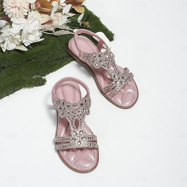 Rhinestone – Flat Boho Silver Sandals Women's T-Strap