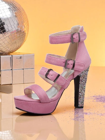 Brown High Suede Heel with Glitter Sandals Platform Women's