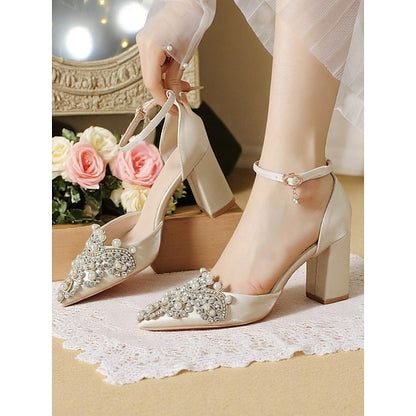 Embellished Rhinestone Block Pearl Women's Heel and Wedding