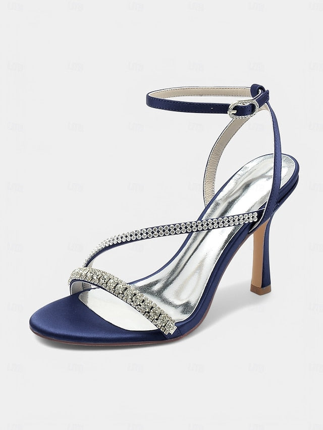 Sophisticated Satin Champagne – Rhinestone Heels Strappy