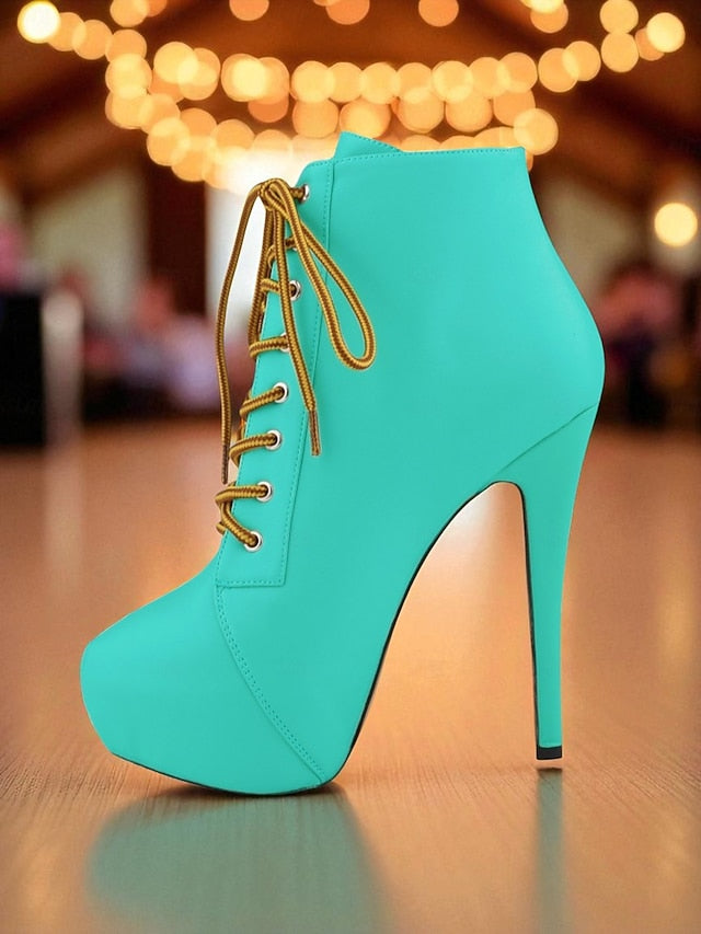 Leather Ankle Beige Platform Faux Women's - Boots Lace-Up