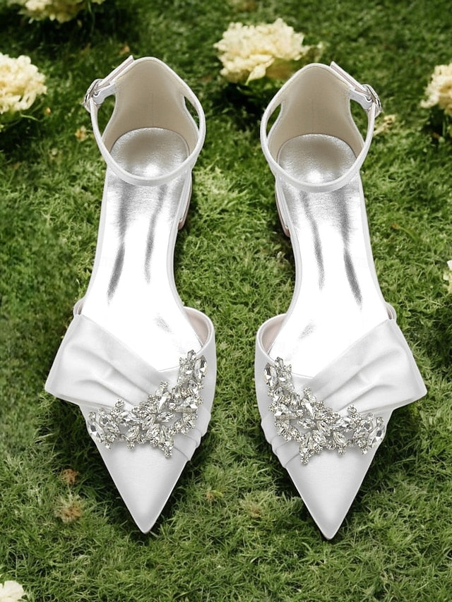 Ankle Bow Rhinestone Satin Pointed-Toe with Heels White and