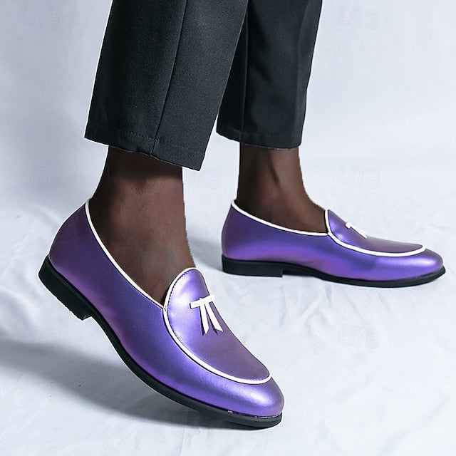 Leather Loafers Men's with Trim Yellow Patent Black Faux