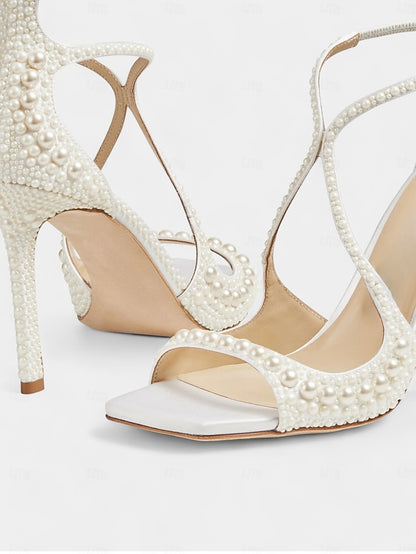 with Open-Toe White Sandals Stiletto Pearl-Embellished Ankle