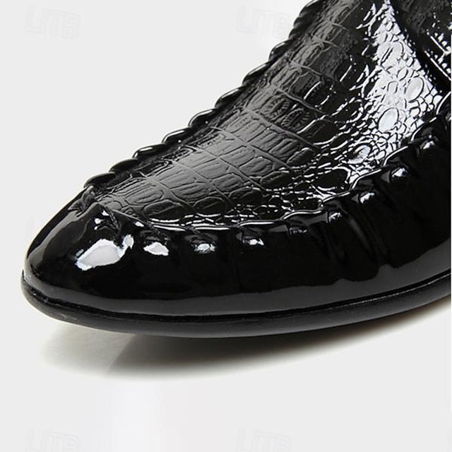 Black - Men's Leather Shoes Faux Crocodile Patent