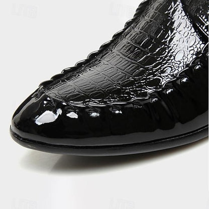 Black - Men's Leather Shoes Faux Crocodile Patent