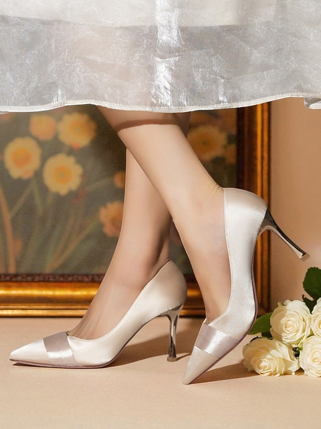 Heel High Pumps - Women's Pointed Toe Champagne Satin