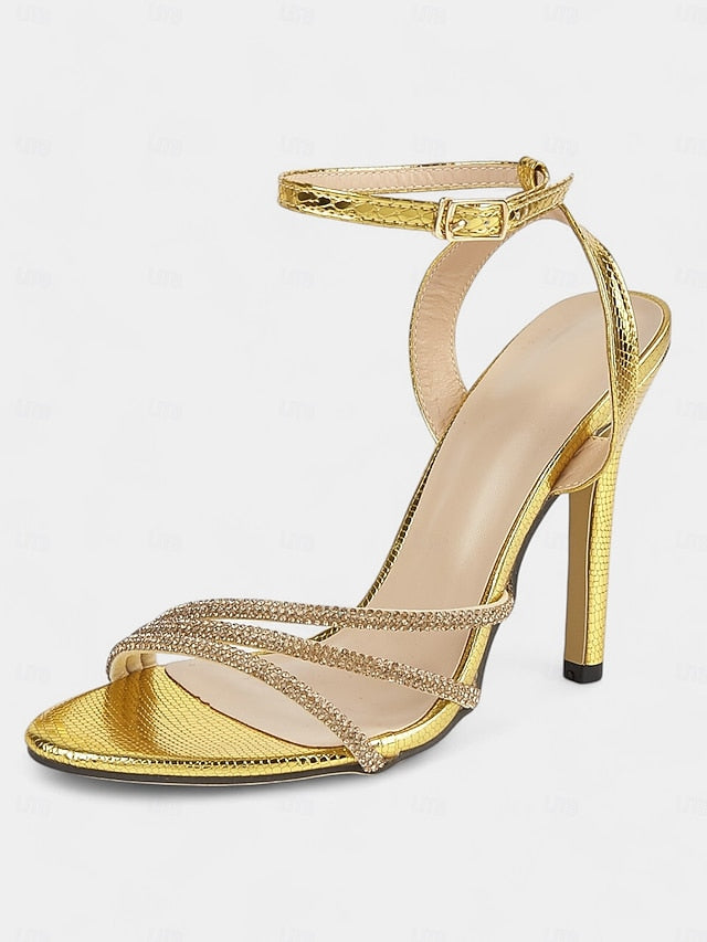 Rhinestone-Embellished Open-Toe Gold Stiletto for Sandals Women