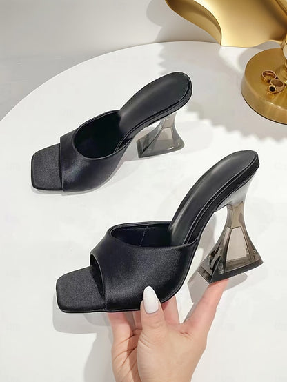 Open-Toe Heels Block with Mules Green Satin for Transparent
