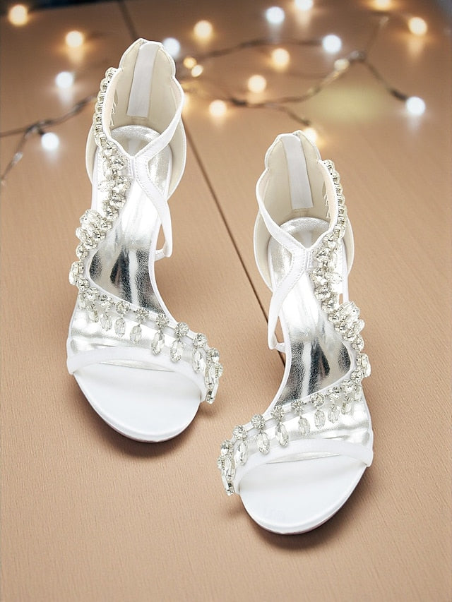 White Heel High Rhinestone with Women's Strappy Sandals