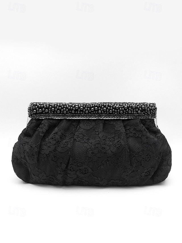 Black Elegant Beaded Clutch with Bag Women's Evening Lace