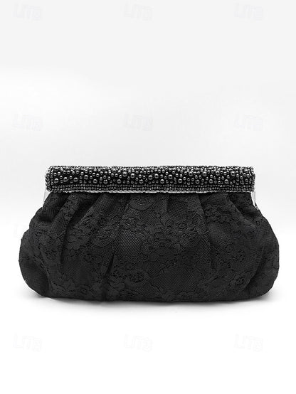 Black Elegant Beaded Clutch with Bag Women's Evening Lace