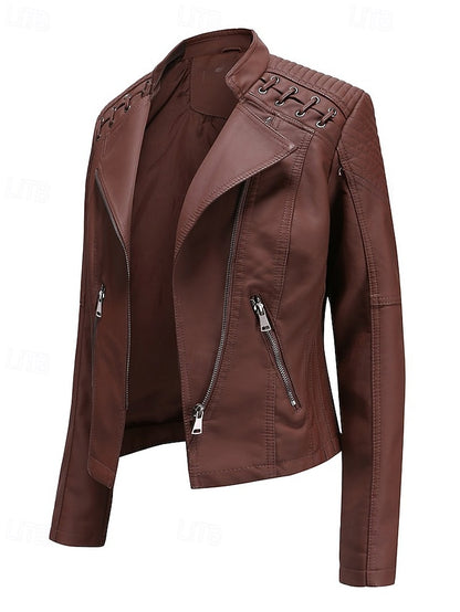 Jacket Zipper Leather Pocket Comfortable Faux Women's
