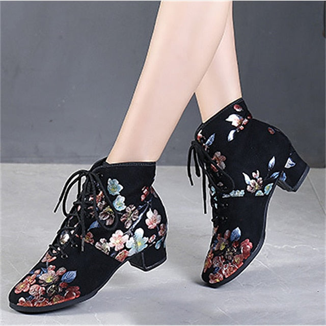 Floral for – Low Comfortable Shoes Lace-up Women Dance Black