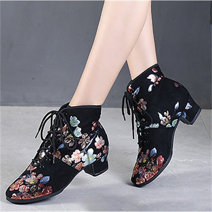 Floral for – Low Comfortable Shoes Lace-up Women Dance Black