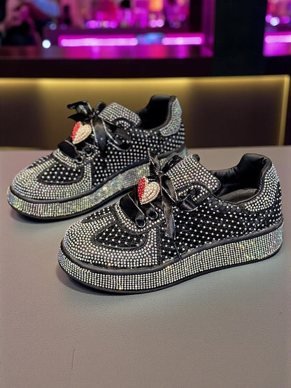 White Women's Rhinestone Sneakers Ribbon with Laces Satin