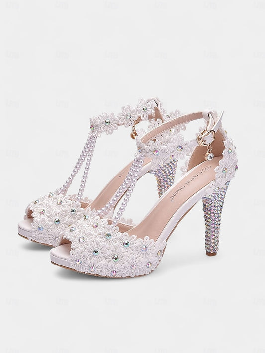 - Floral White Lace T-Strap Sandals Pearl-Decorated Bridal