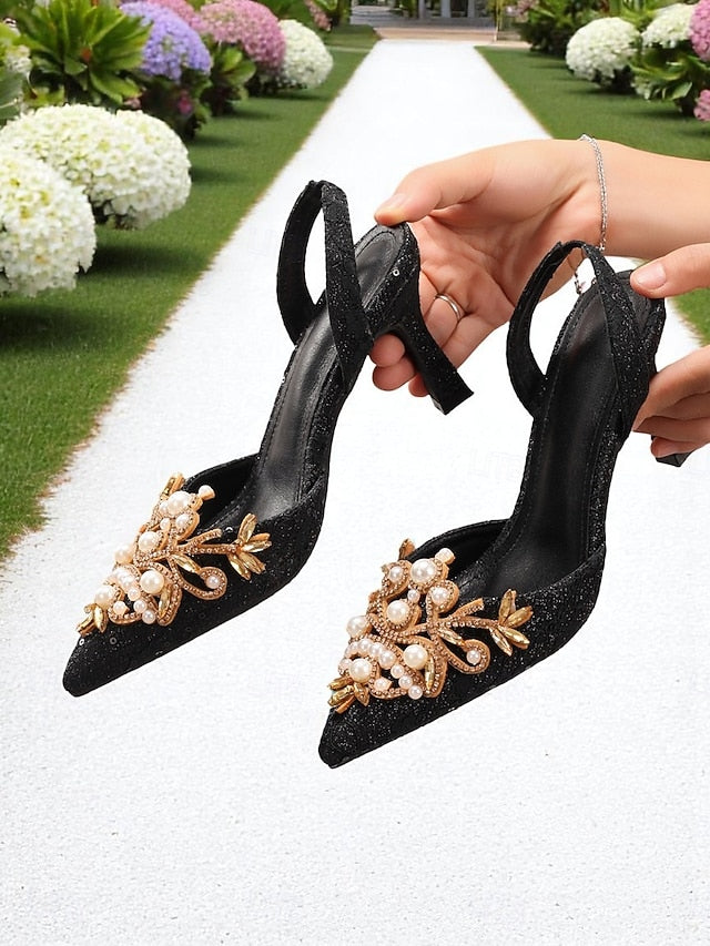 Slingback Satin Detailing Women's Pearl with Black Heels -
