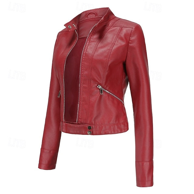 Women's Jacket Zipper Leather Faux Pocket Comfortable