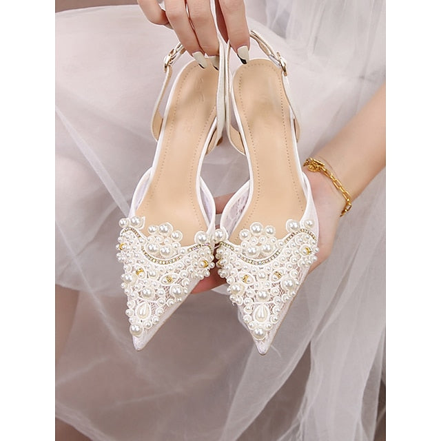 Kitten Slingback White with Pearl-Embellished Heel Pointed-Toe
