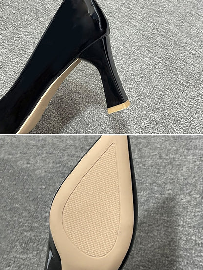 Heel Green Leather Faux Glossy Patent Pumps Pointed-Toe Block
