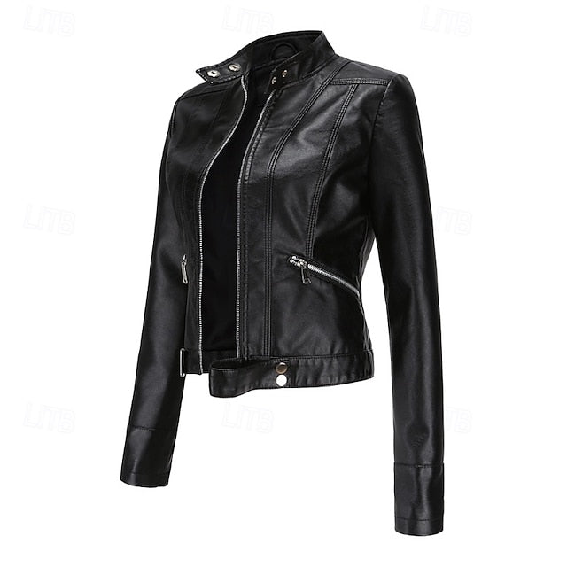 Women's Jacket Zipper Leather Faux Pocket Comfortable