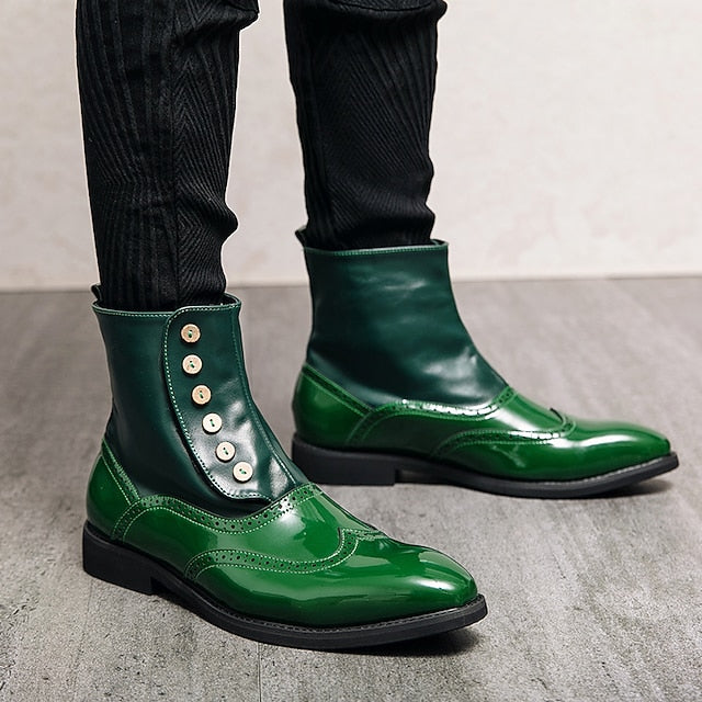Button Wingtip Green Boots Stylish - Men's Leather Vintage