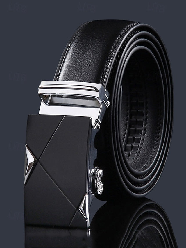 with Elegant Adjustable Black Leather Men's Belt Metal