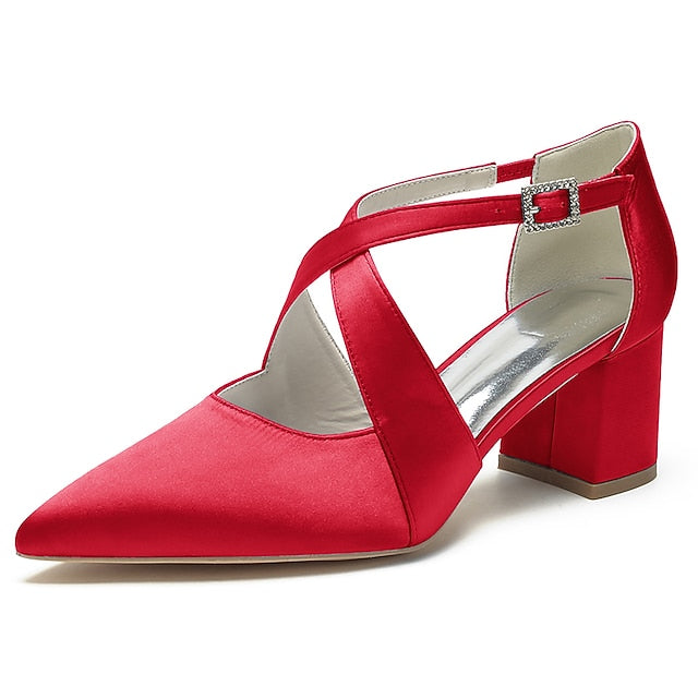 Heels Block Women's Toe White Pointed – Satin Elegant