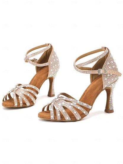 High Sandals with Heel Tan Latin Rhinestone-Embellished Dance