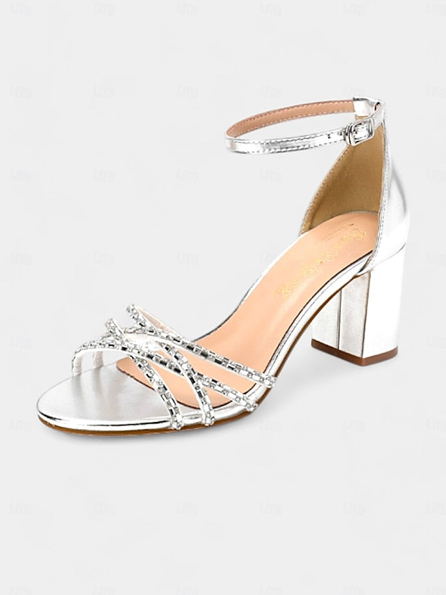 with Heel Sandals Silver Rhinestone Block Metallic Strappy