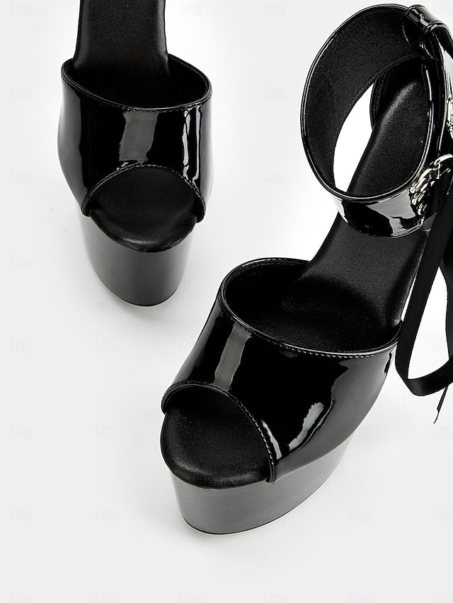 Black Patent with Platform Sandals Leather Ankle Straps Lace-Up