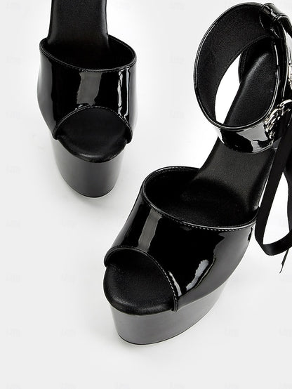 Black Patent with Platform Sandals Leather Ankle Straps Lace-Up