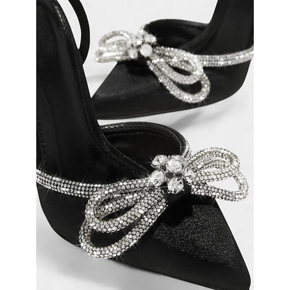 Rhinestone with Satin Heels Women's and Black Bow Stiletto