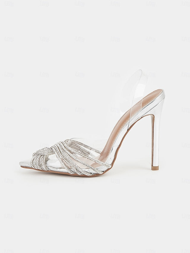 Silver with – Sandals Stiletto Straps Rhinestone Transparent