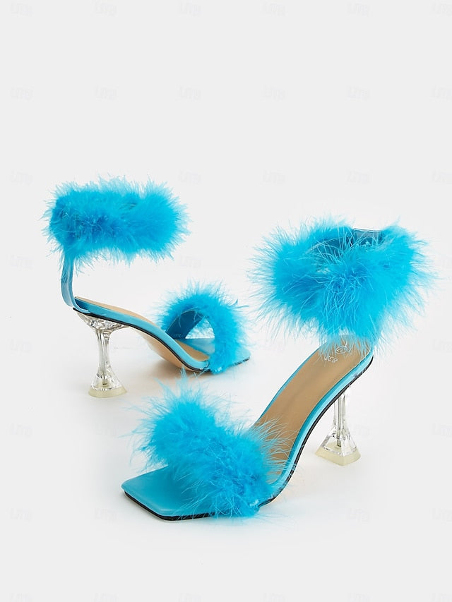 High with Sandals Turquoise Feather-Embellished Heel Clear