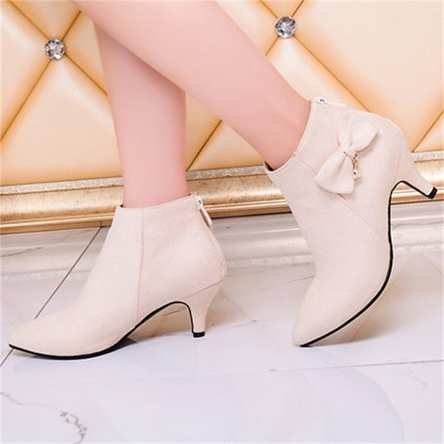 Bow Pearl Suede Ankle Women's Boots and with Charm Pink