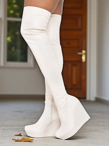 the Knee Heel Women's Wedge Faux Leather - Boots Over Black