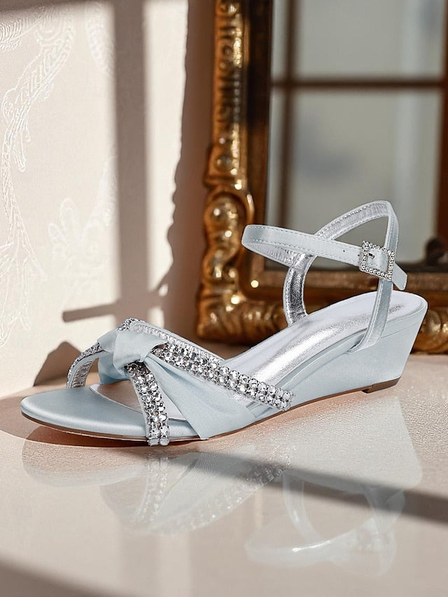 - Satin Green Rhinestone Wedge Sandals Knot Women's