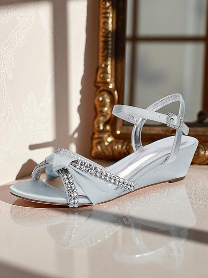 - Satin Green Rhinestone Wedge Sandals Knot Women's