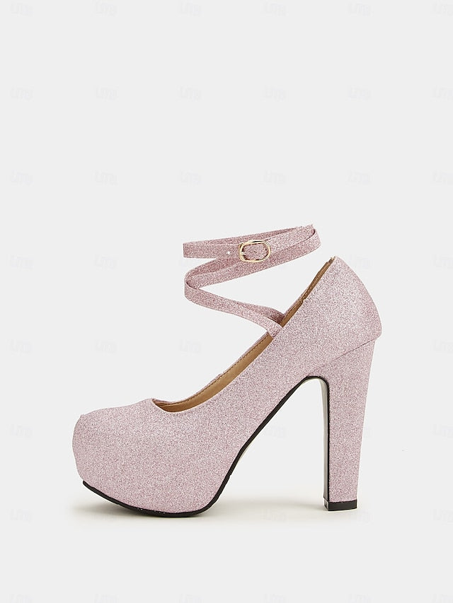– Women's Heels Platform with Strap Pink Glitter Ankle