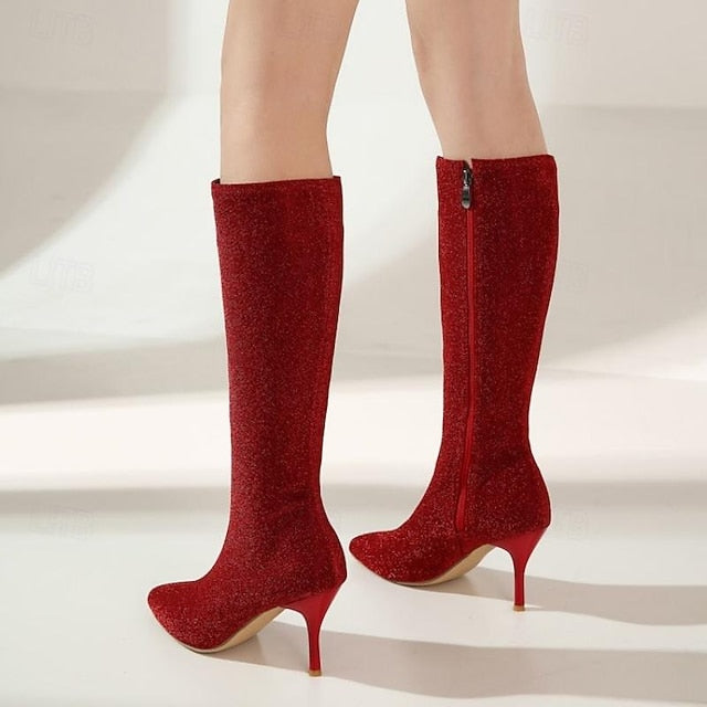 Women's Knee-High Elegant Sparkly Stiletto Boots –