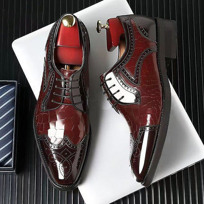 Leather with Patent Brogue Shoes Men's Burgundy Oxford